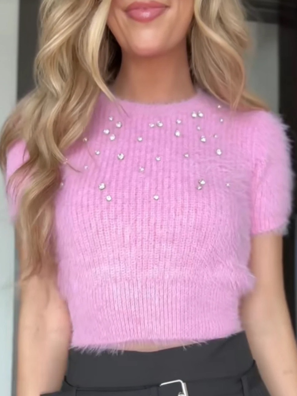 Zara Pink Fuzzy Short-Sleeve Rhinestone Sweater Women Medium M